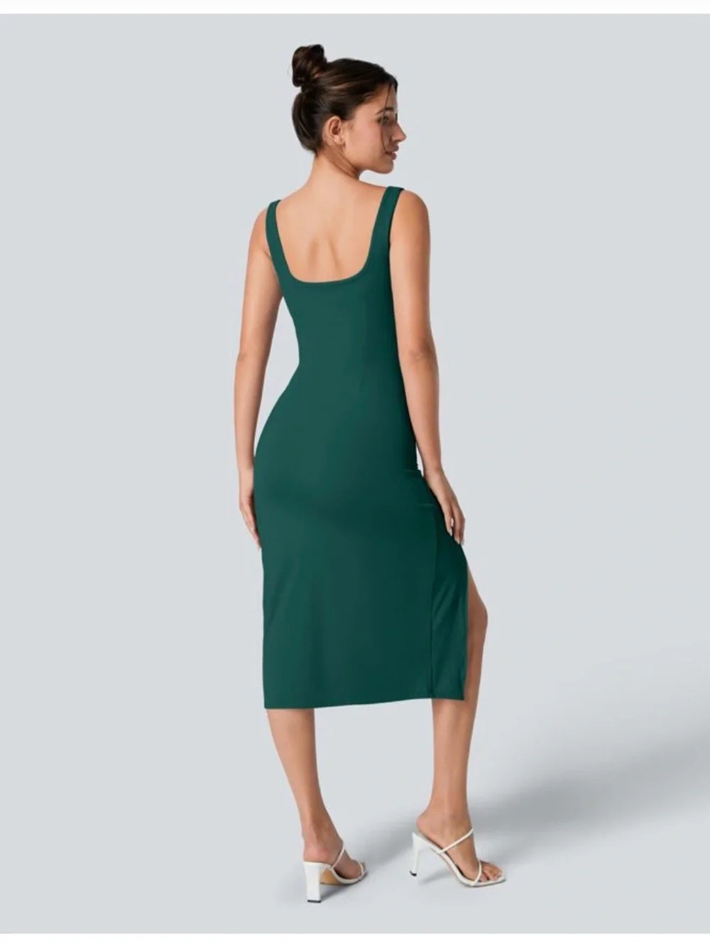 HALARA SoftlyZero Square-Neck Midi Dress with Side Slit Forest Green M NWT - Picture 2 of 6